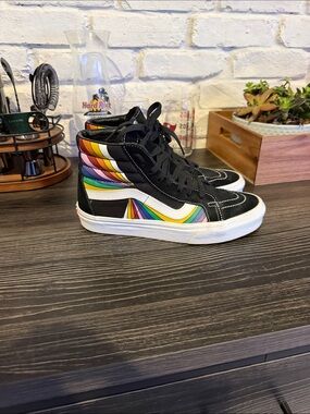 Women’s Vans Black High-Top Sneakers with Rainbow Stripe Accents